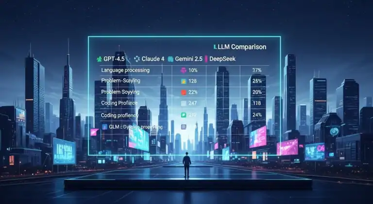LLM Comparison: GPT-4.5, Claude 4, Gemini 2.5, DeepSeek. Chart comparing language processing, coding & problem-solving skills.